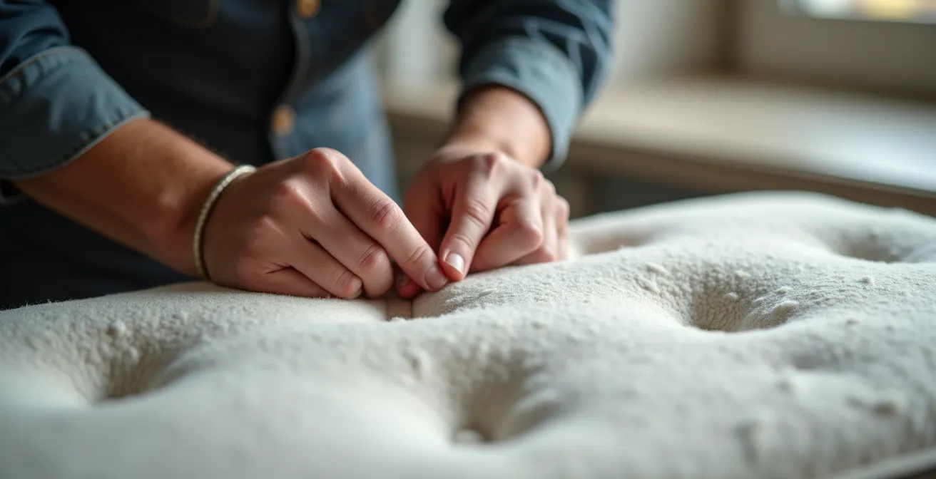 Gros plan sur les mains d'un artisan français réalisant le capitonnage manuel d'un matelas premium