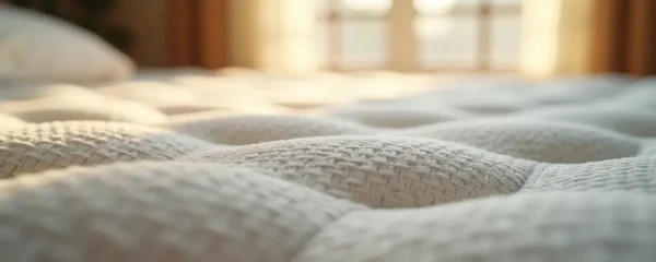 Vue macro sur texture naturelle de matelas français artisanal avec détails de tissage haute qualité