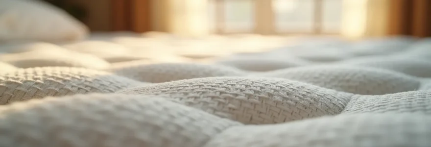 Vue macro sur texture naturelle de matelas français artisanal avec détails de tissage haute qualité