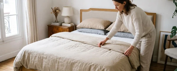 Personne ajustant une housse de couette sur un lit dans une chambre contemporaine