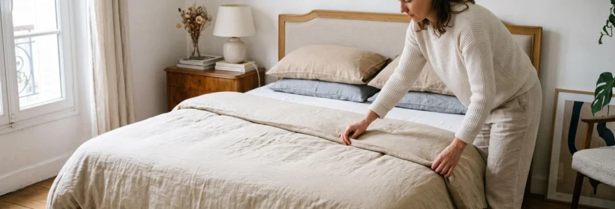 Personne ajustant une housse de couette sur un lit dans une chambre contemporaine